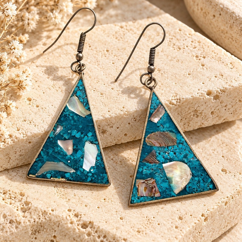 Vintage Turquoise Shell Inlay Earrings Mexico Southwestern Boho Triangle Dangle